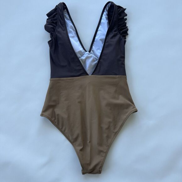 AVERIE Corina Plunge One Piece Ruffle Snake Design Swimsuit Medium Msrp $135 - Picture 6 of 7